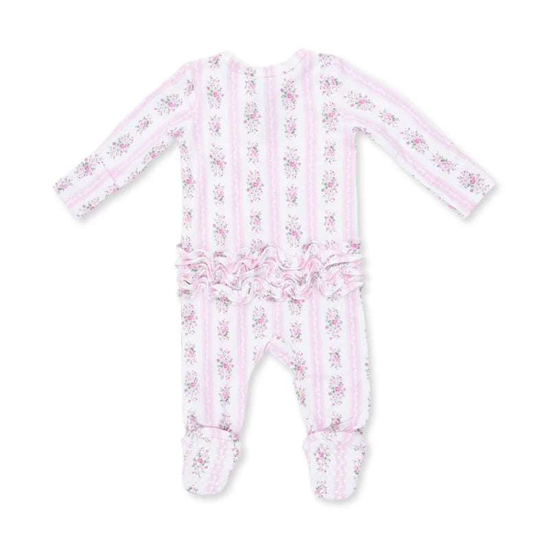 Bella Rose Stripe - 2 Way Ruffle Back Zipper Footie