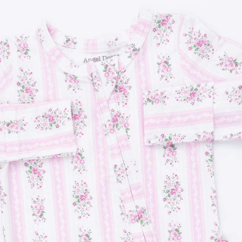 Bella Rose Stripe - 2 Way Ruffle Back Zipper Footie
