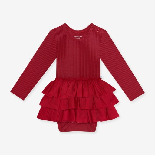 Solid Ribbed - Dark Red - Long Sleeve Tulle Skirt Bodysuit