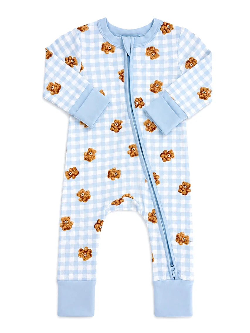 2-Way Zip Footie, Blue Teddy Picnic