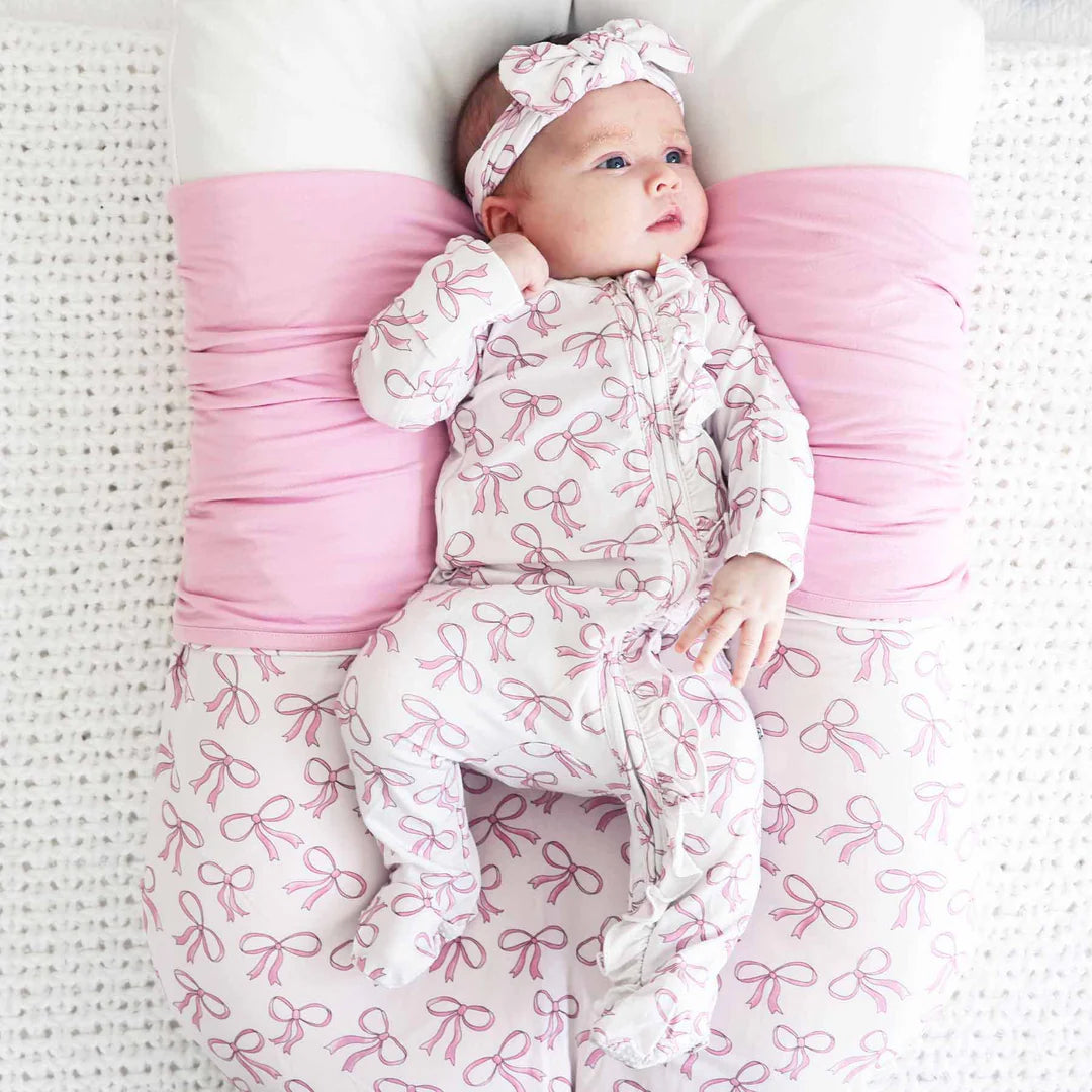 Blushing Bows Ruffle Zipper Zipper Footie