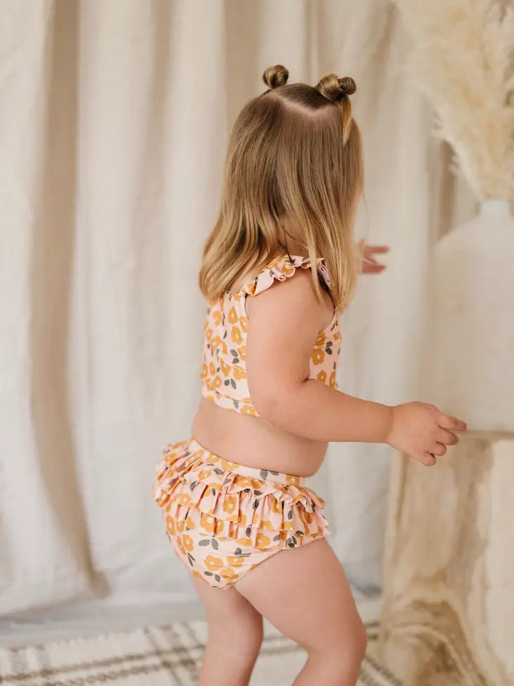 2pc Gold Floral Ruffle Swimsuit