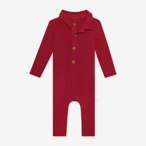 Solid Ribbed - Dark Red - Long Sleeve Collared Henley Long Romper