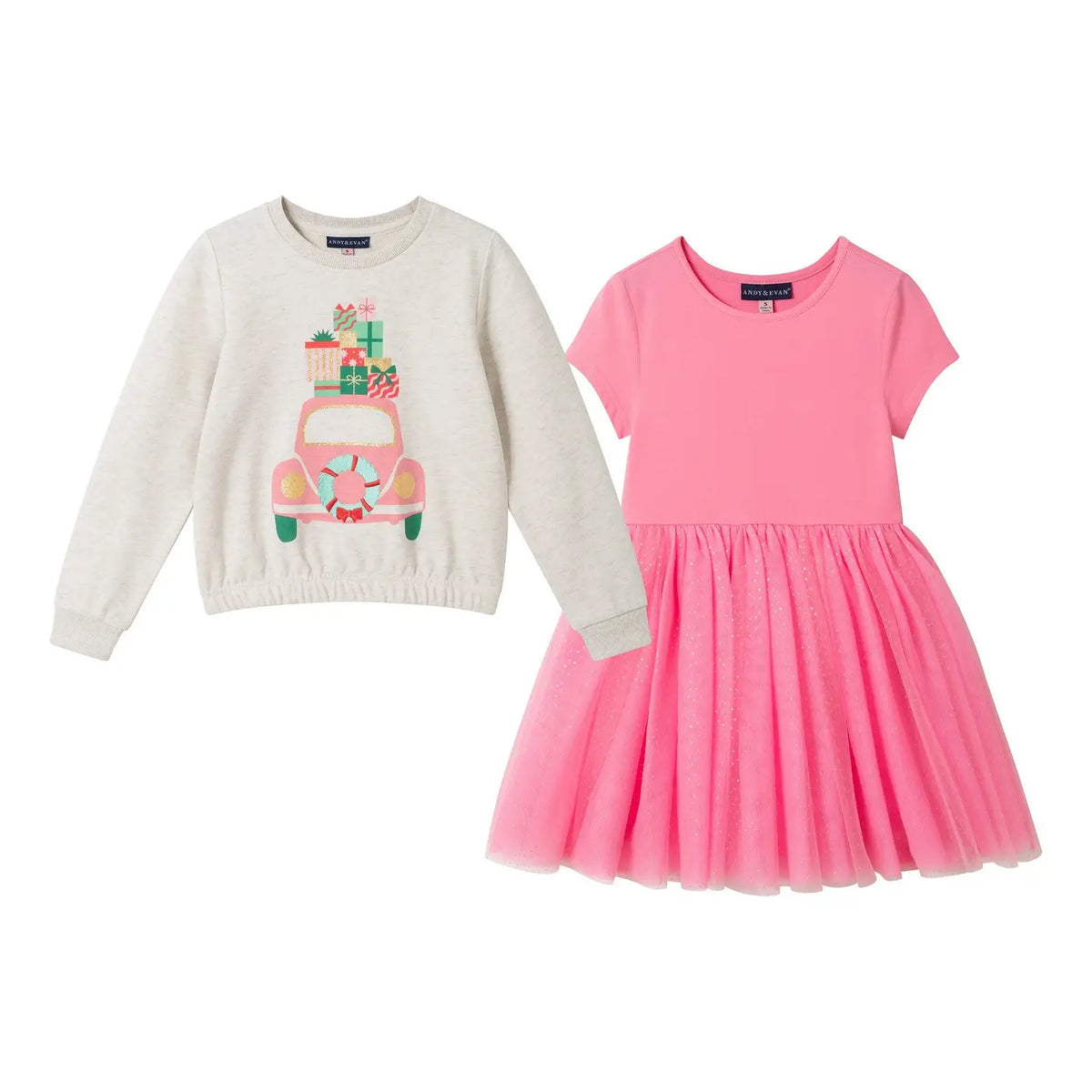 Holiday Sweatshirt & Tulle Dress Set Pink Holiday Car