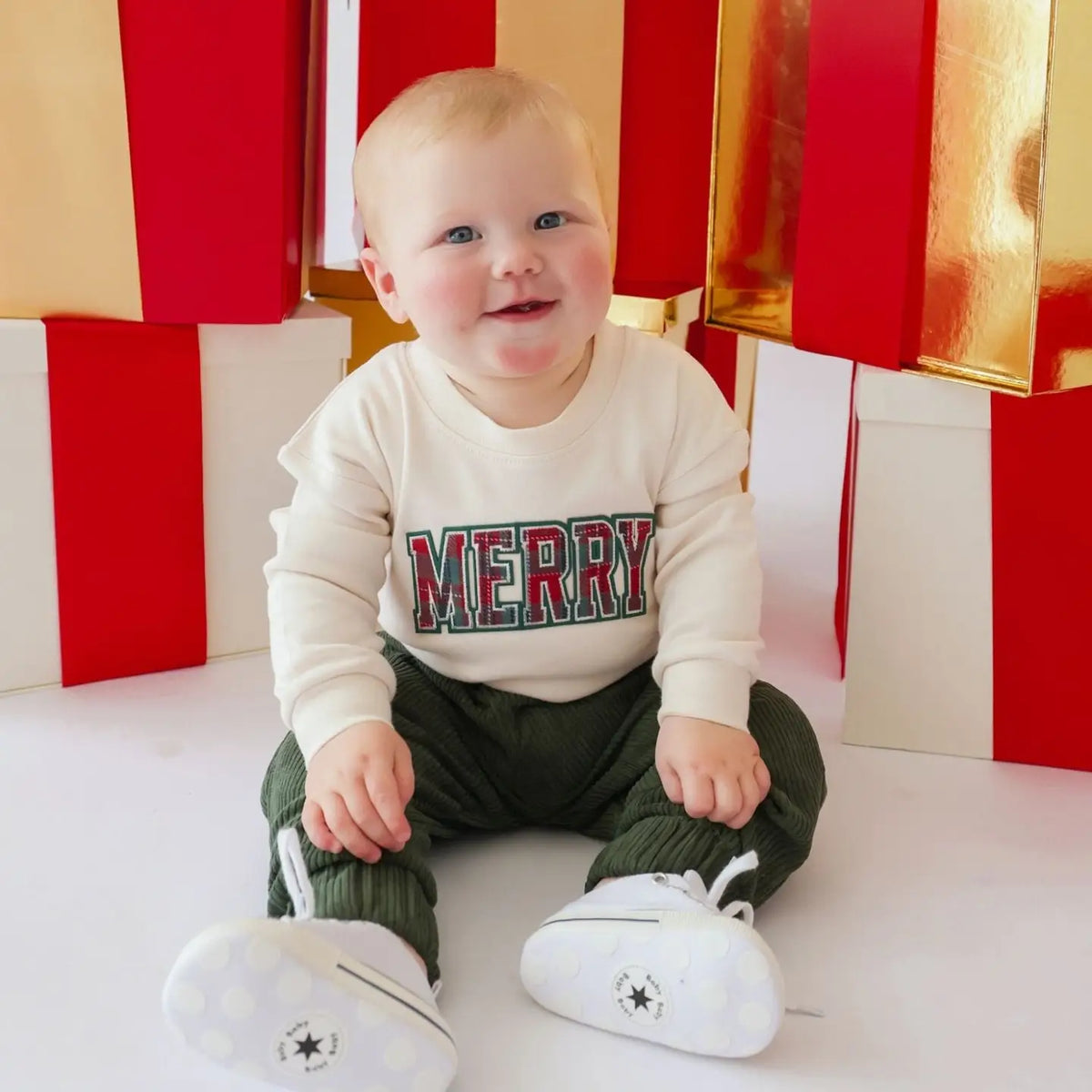Merry Tartan Patch Christmas LS Romper