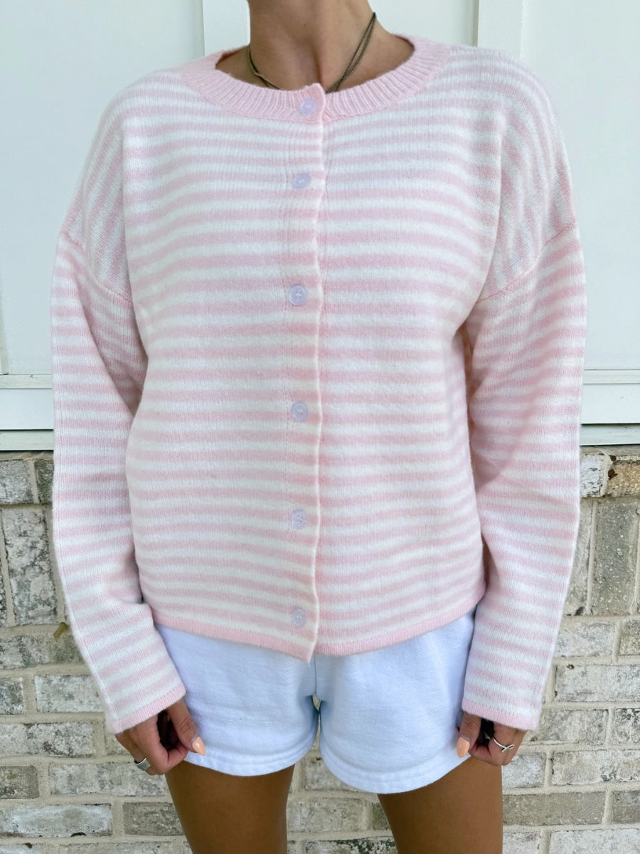 Natalie Pink Striped Button-Up Cardigan Sweater