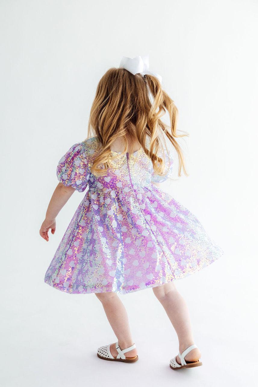 Periwinkle Heart Puff Sequin Dress