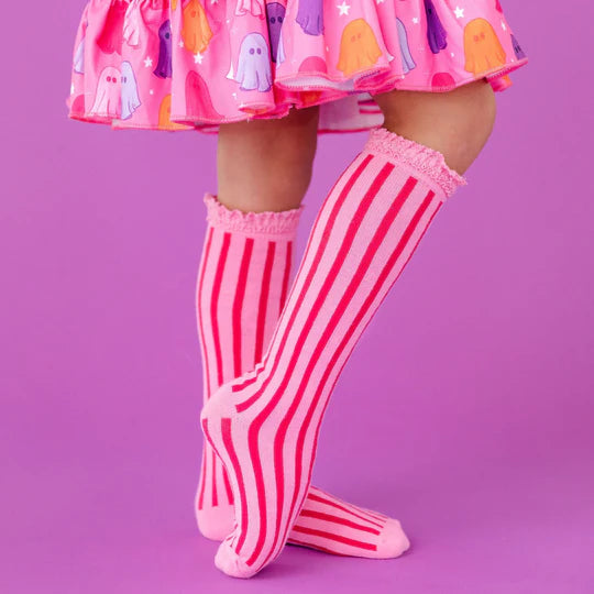 Vertical Striped Lace Top Knee Highs Taffy Pink