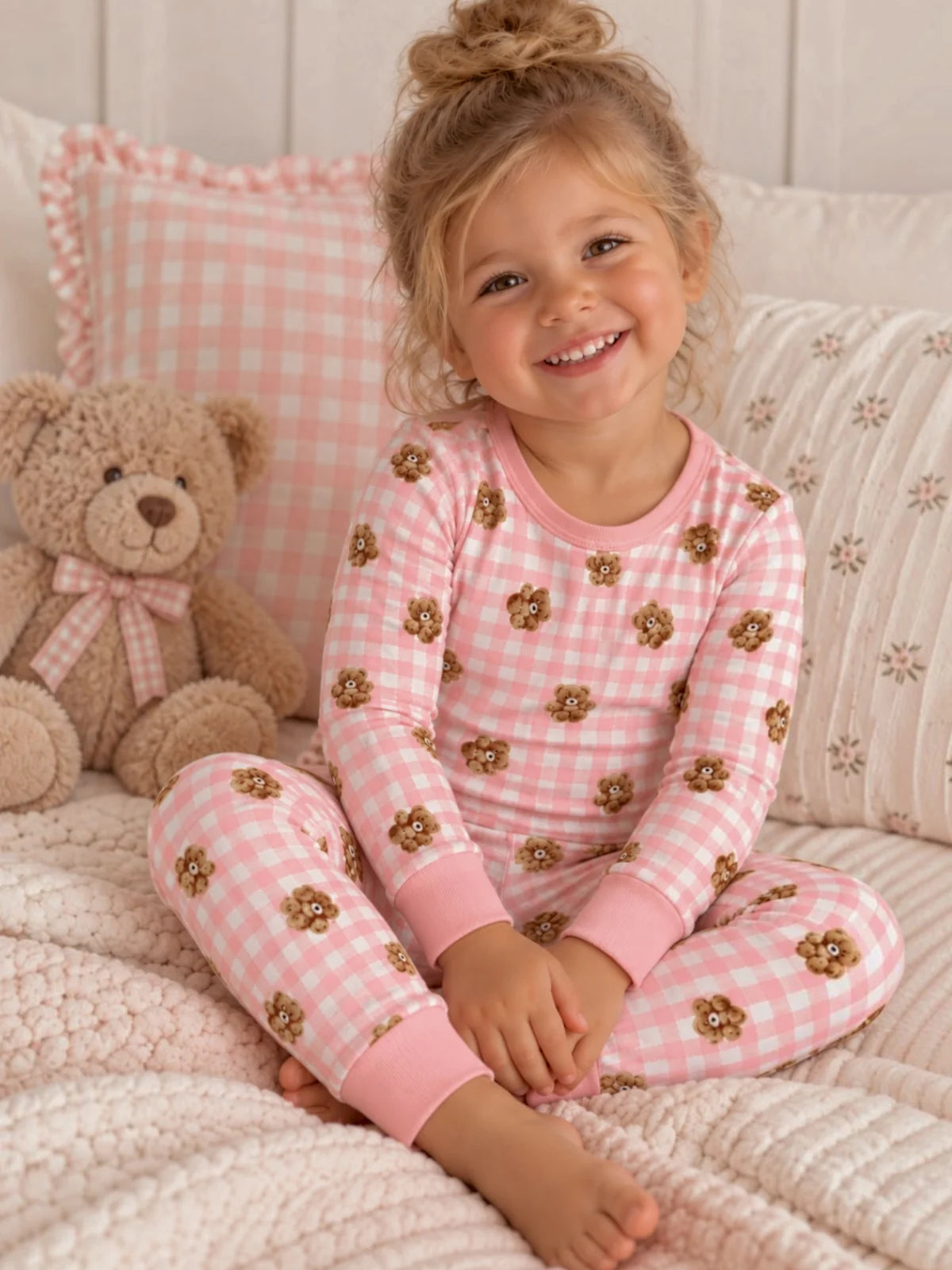 L/S  2-Piece Set, Pink Teddy Picnic