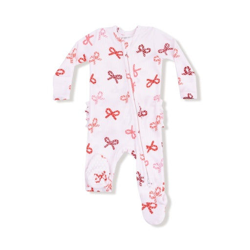 Candy Cane Bows - 2 Way Zipper Ruffle Back Footie