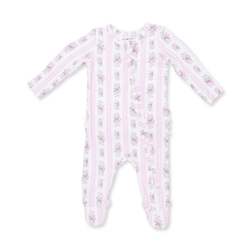 Bella Rose Stripe - 2 Way Ruffle Back Zipper Footie