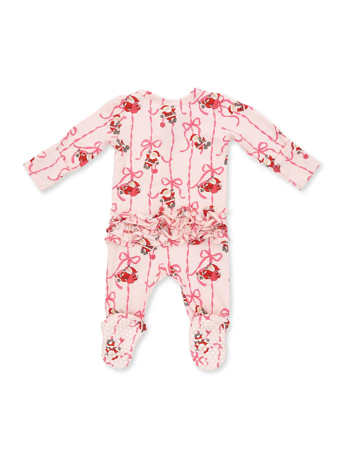 Bows & Santa - 2 Way Ruffle Back Zipper Footie