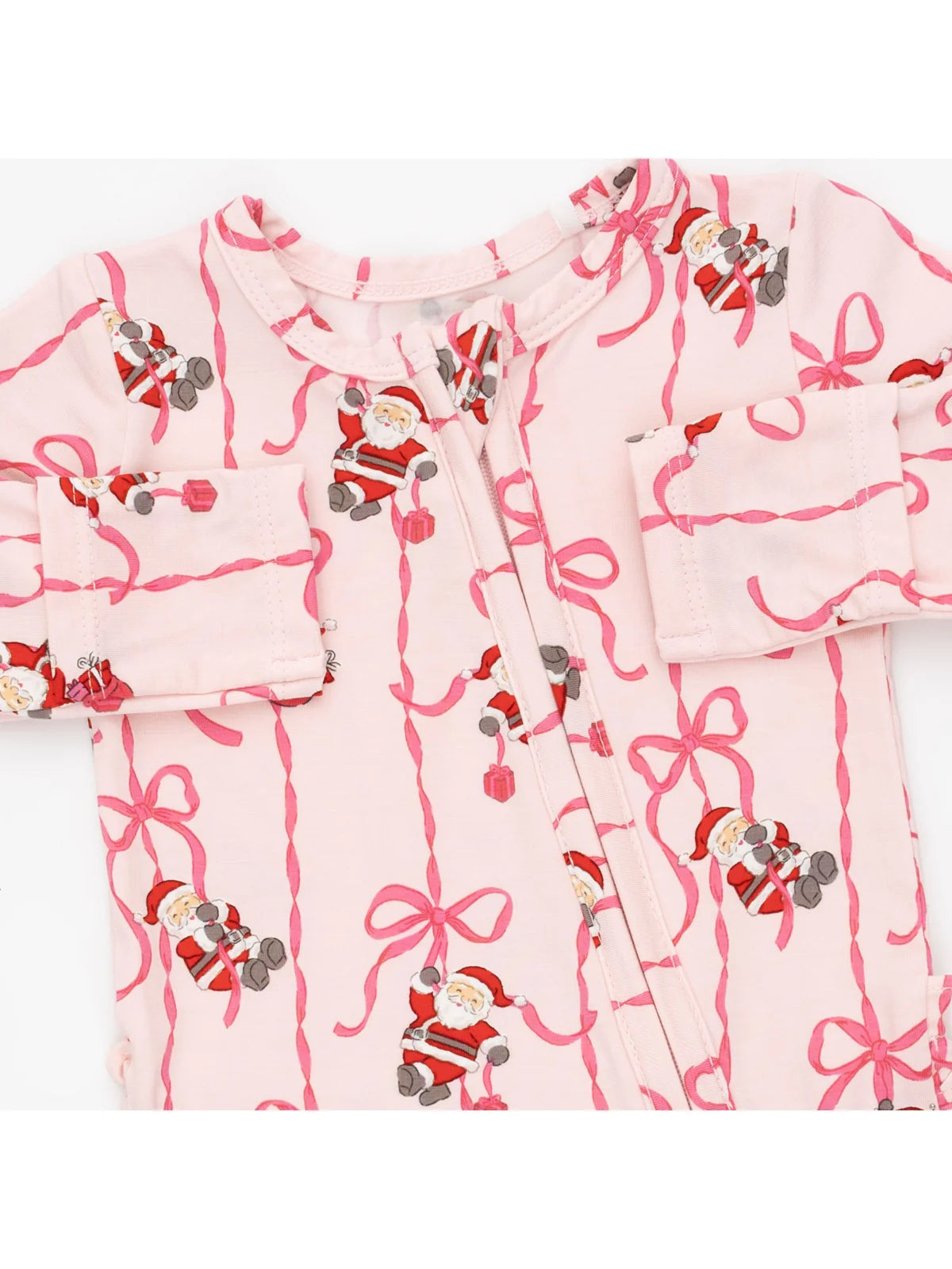 Bows & Santa - 2 Way Ruffle Back Zipper Footie