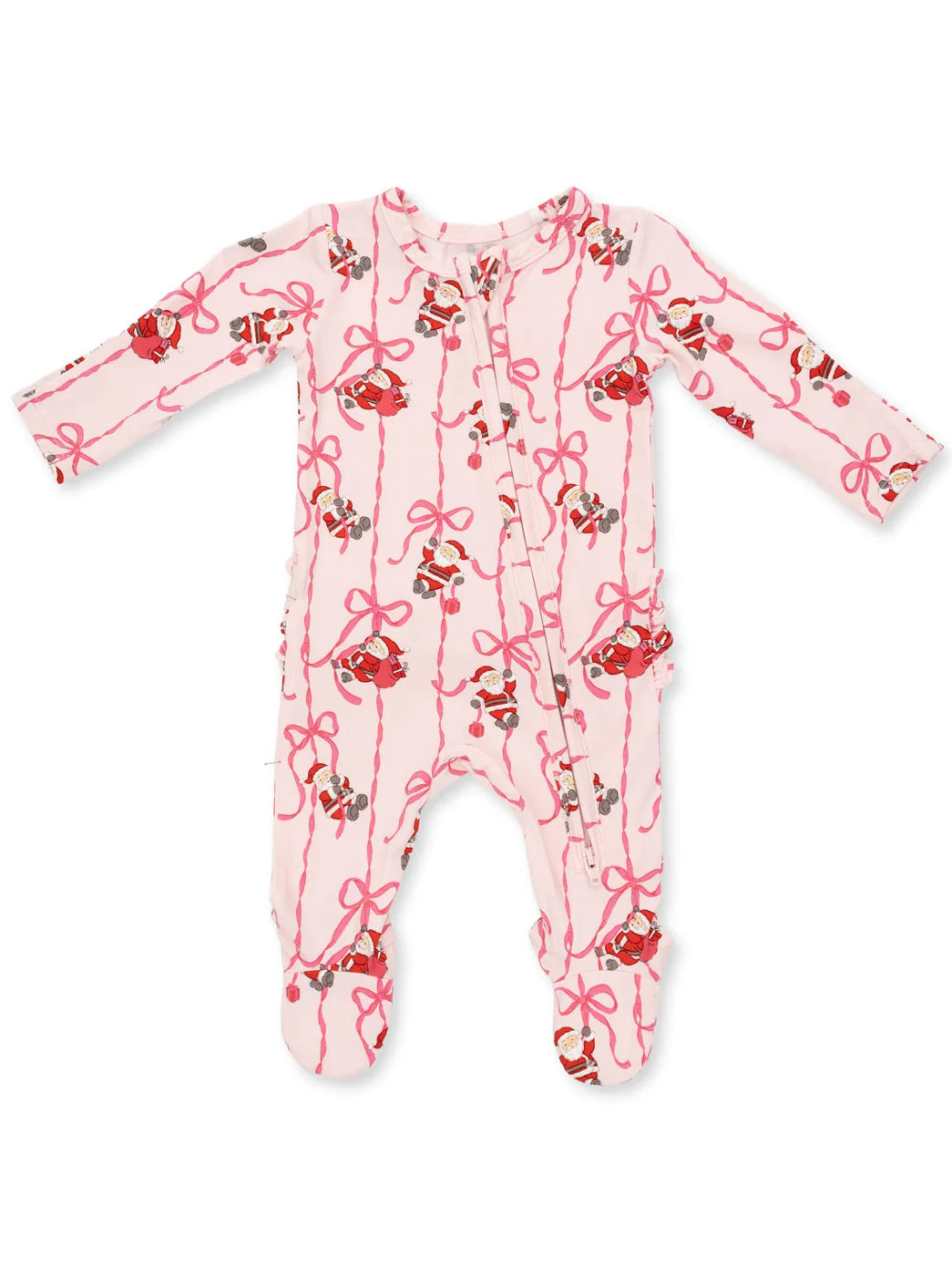 Bows & Santa - 2 Way Ruffle Back Zipper Footie