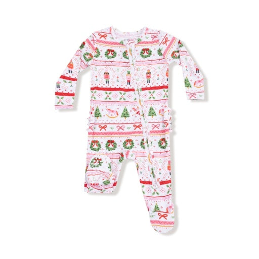 Sugar Plum Fairy - Nutcracker Fair Isle - Pink - 2 Way Zipper Ruffle Back Footie