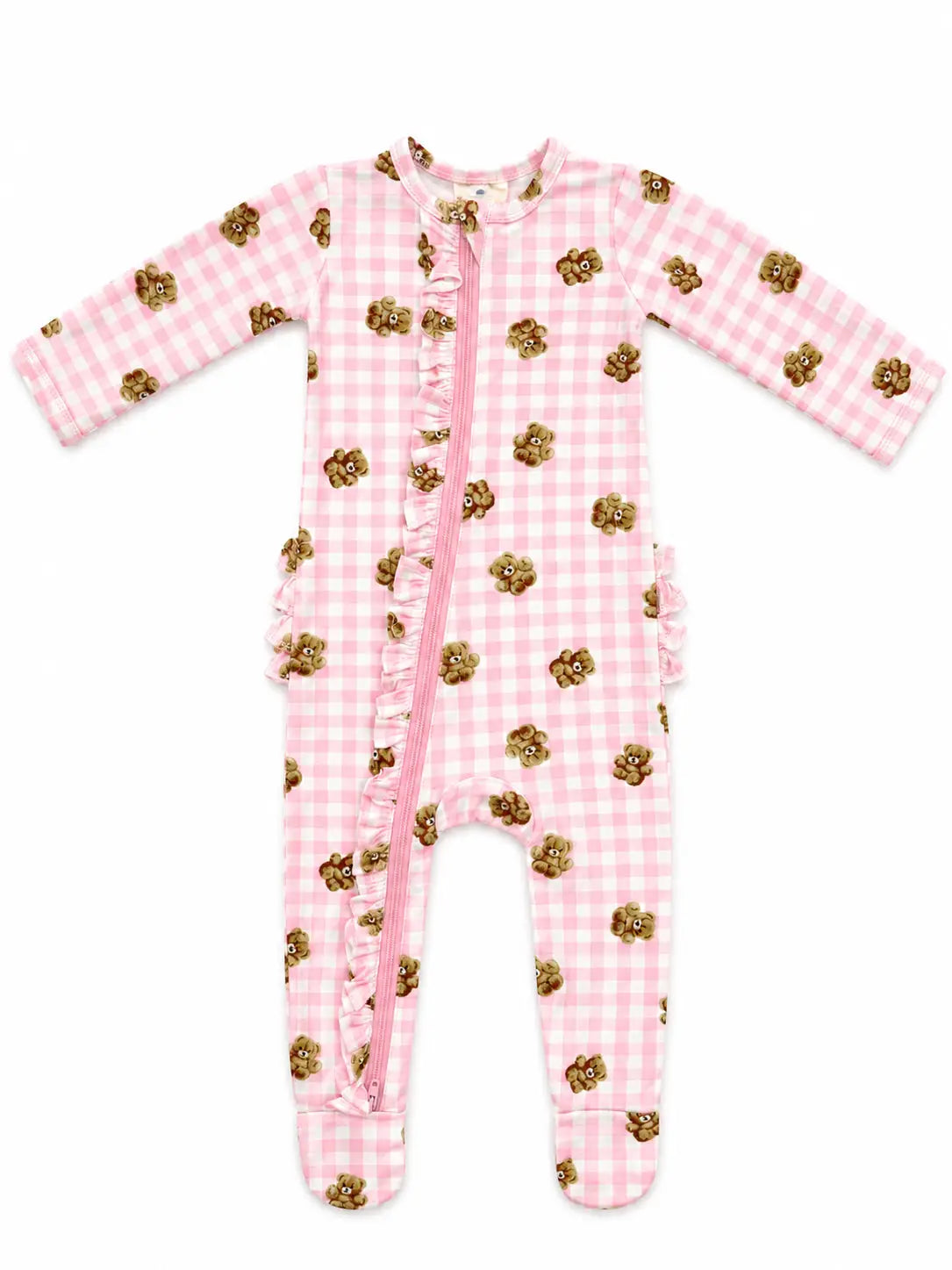 2-Way Zip Ruffle Footie, Pink Teddy Picnic