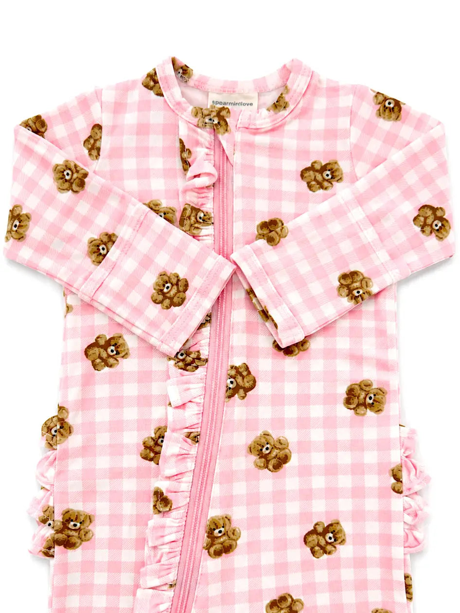 2-Way Zip Ruffle Footie, Pink Teddy Picnic