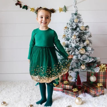 Christmas Long Sleeve Tutu Dress Emerald Sequin