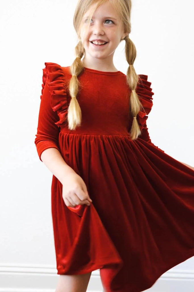 Red Velvet Ruffle Twirl Dress